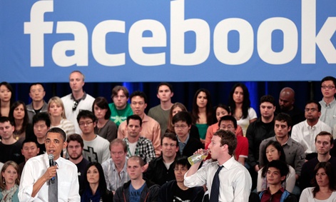 President Obama speaks at a town hall meeting at Facebook headquarters.