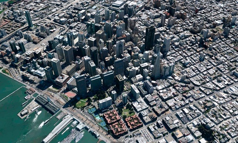 A three-dimensional view of San Francisco on Google's digital mapping service. A three-dimensional view of San Francisco on Google's digital mapping service.
