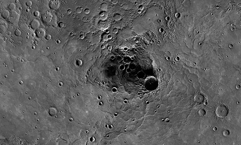 A 68-mile-diameter crater in the north polar region of Mercury which has been shown to harbor water ice. A 68-mile-diameter crater in the north polar region of Mercury which has been shown to harbor water ice.