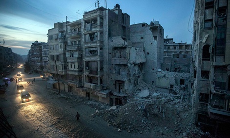 Destroyed buildings in a rebel-controlled area of Aleppo, Syria.
