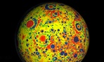 A gravitational map of the moon, depicting newly quantified lunar mass: Red indicates more massive areas and blue indicates less mass. 