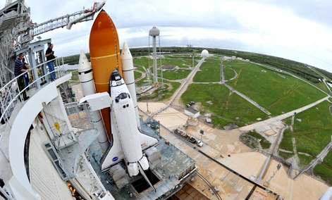 Space Shuttle Atlantis is seen on the pad at the Kennedy Space Center at Cape Canaveral, Fla. , Thursday July 7, 2011.