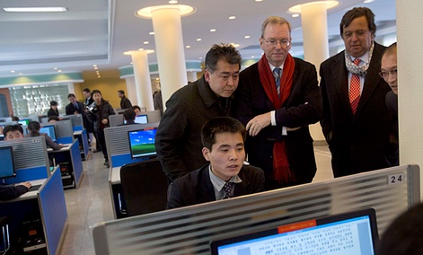 Executive Chairman of Google, Eric Schmidt, third from left, and former New Mexico governor Bill Richardson, second from right, watch as a North Korean student surfs the Internet. Executive Chairman of Google, Eric Schmidt, third from left, and former New Mexico governor Bill Richardson, second from right, watch as a North Korean student surfs the Internet.