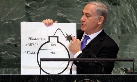 Israeli Prime Minister Benjamin Netanyahu used a cartoon bomb diagram during a speech last year to illustrate Iran's progress. Israeli Prime Minister Benjamin Netanyahu used a cartoon bomb diagram during a speech last year to illustrate Iran's progress.
