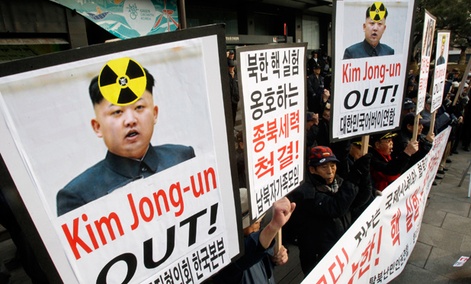 South Korean protesters shout slogans during a rally against possible nuclear tests by North Korea in Seoul, South Korea.