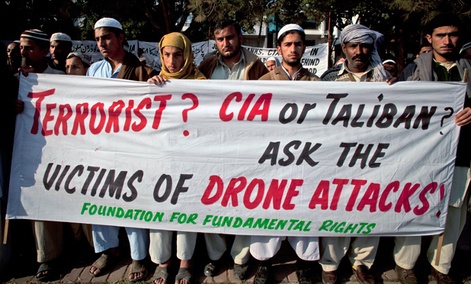 Pakistani tribal villagers hold a rally to condemn U. S. drone attacks.