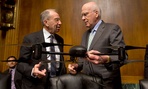 Sen. Patrick Leahy, D-Vt., holds an example of a drone, as he talks with the Sen. Charles Grassley, R-Iowa, Wednesday.