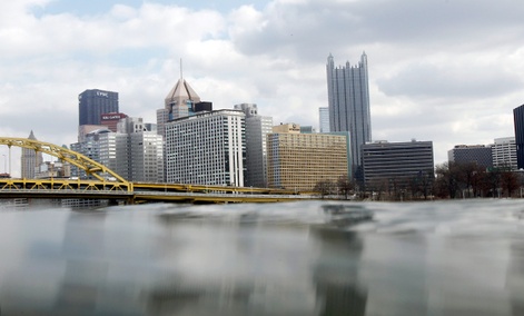 The Pittsburgh skyline rises above the waters of the Ohio River. The Pittsburgh skyline rises above the waters of the Ohio River.