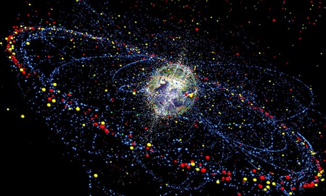 A computer simulation of the distribution and movement of space debris at present and in future. A computer simulation of the distribution and movement of space debris at present and in future.
