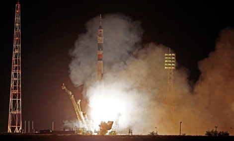 The Soyuz-FG rocket booster with Soyuz TMA-09M space ship carrying a new crew to the International Space Station, ISS, blasts off at the Russian leased Baikonur cosmodrome, Kazakhstan, Wednesday, May 29, 2013. The Soyuz-FG rocket booster with Soyuz TMA-09M space ship carrying a new crew to the International Space Station, ISS, blasts off at the Russian leased Baikonur cosmodrome, Kazakhstan, Wednesday, May 29, 2013.