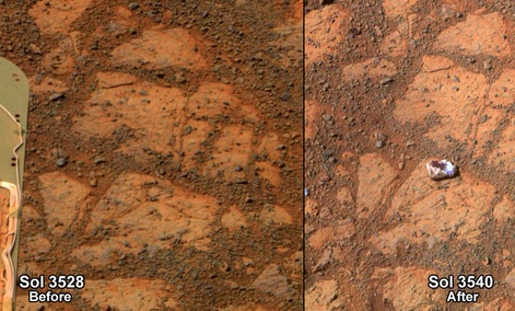 This composite image provided by NASA shows before and-after images taken by the Opportunity rover. This composite image provided by NASA shows before and-after images taken by the Opportunity rover.