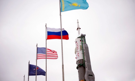 The Soyuz TMA-12M spacecraft is seen after being erected on the launch pad on Sunday, March 23, 2014, The Soyuz TMA-12M spacecraft is seen after being erected on the launch pad on Sunday, March 23, 2014,