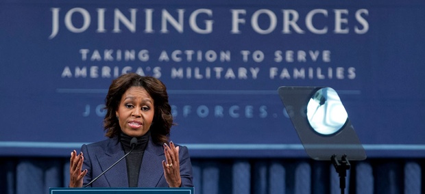 First lady Michelle Obama speaks at a National Symposium on Veterans’ Employment in Construction, hosted by the Labor Department, Monday, Feb. 10, 2014. First lady Michelle Obama speaks at a National Symposium on Veterans’ Employment in Construction, hosted by the Labor Department, Monday, Feb. 10, 2014.