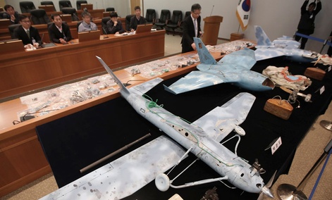 Suspected North Korean drones that were recently found crashed near the border with the North are unveiled by the state-run Agency for Defense Development during a press conference in Daejeon, South Korea. Suspected North Korean drones that were recently found crashed near the border with the North are unveiled by the state-run Agency for Defense Development during a press conference in Daejeon, South Korea.