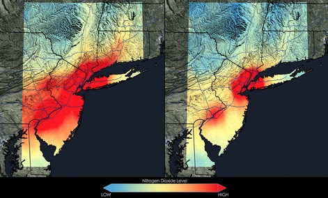 Satellite data show that New York City has seen a 32 percent decrease in nitrogen dioxide between 2005 and 2011. Satellite data show that New York City has seen a 32 percent decrease in nitrogen dioxide between 2005 and 2011.