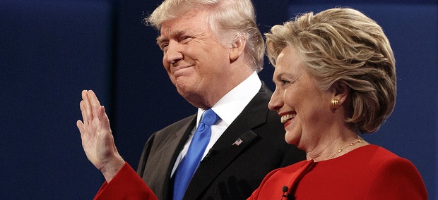 Republican presidential candidate Donald Trump, left, stands with Democratic presidential candidate Hillary Clinton at the first presidential debate at Hofstra University, Monday, Sept. 26, 2016. Republican presidential candidate Donald Trump, left, stands with Democratic presidential candidate Hillary Clinton at the first presidential debate at Hofstra University, Monday, Sept. 26, 2016.