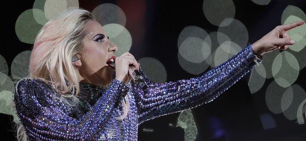 Super Bowl halftime performer Lady GaGa flew along with the drones. Super Bowl halftime performer Lady GaGa flew along with the drones.