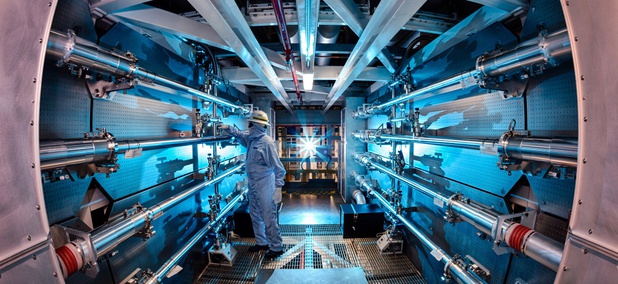 An experiment being conducted in the National Ignition Facility at the LLNL. An experiment being conducted in the National Ignition Facility at the LLNL.