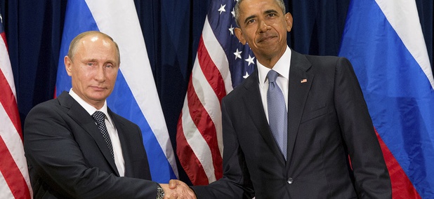 U.S. President Barack Obama, right, and Russia's President President Vladimir Putin pose for members of the media before a bilateral meeting at the United Nations headquarters in 2015. U.S. President Barack Obama, right, and Russia's President President Vladimir Putin pose for members of the media before a bilateral meeting at the United Nations headquarters in 2015.