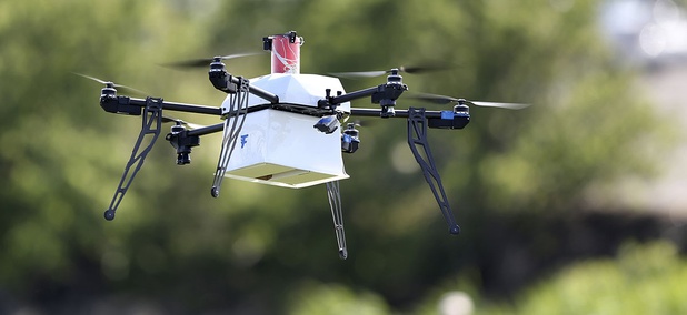 A drone aircraft with a payload of simulated blood flies during a ship-to-shore delivery simulation in Lower Township, N.J. A drone aircraft with a payload of simulated blood flies during a ship-to-shore delivery simulation in Lower Township, N.J.
