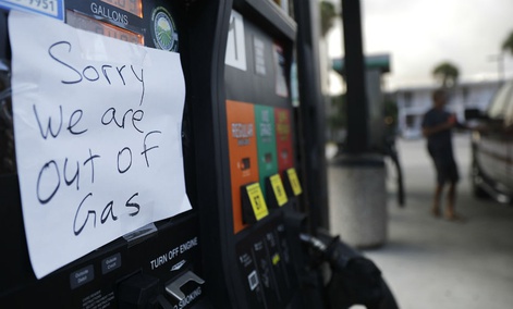 A note is posted to a gas pump after the station ran out of gas ahead of Hurricane Irma in Daytona Beach, Fla., Friday, Sept. 8, 2017. A note is posted to a gas pump after the station ran out of gas ahead of Hurricane Irma in Daytona Beach, Fla., Friday, Sept. 8, 2017.
