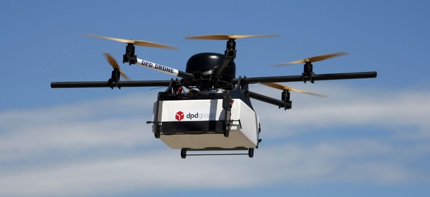 A DPD Geopost prototype drone files carrying a parcel flies during a test flight in Pourrieres, southern France, June 23, 2015. A DPD Geopost prototype drone files carrying a parcel flies during a test flight in Pourrieres, southern France, June 23, 2015.