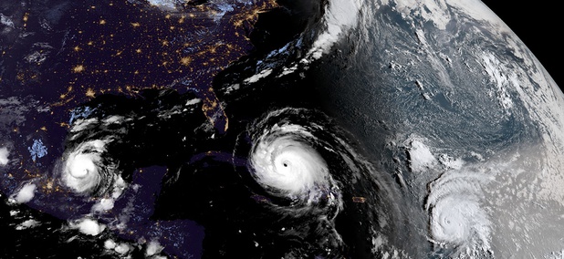 In this geocolor image GOES-16 satellite image taken Friday, Sep. 8, 2017, at 10:45 UTC, Hurricane Irma, center, approaches Cuba and Florida, with Hurricane Katia, left, in the Gulf of Mexico, and Hurricane Jose, right, in the Atlantic Ocean. In this geocolor image GOES-16 satellite image taken Friday, Sep. 8, 2017, at 10:45 UTC, Hurricane Irma, center, approaches Cuba and Florida, with Hurricane Katia, left, in the Gulf of Mexico, and Hurricane Jose, right, in the Atlantic Ocean.