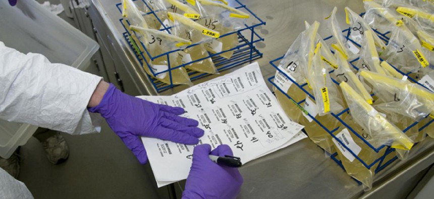 An FDA worker checks samples for salmonella. 