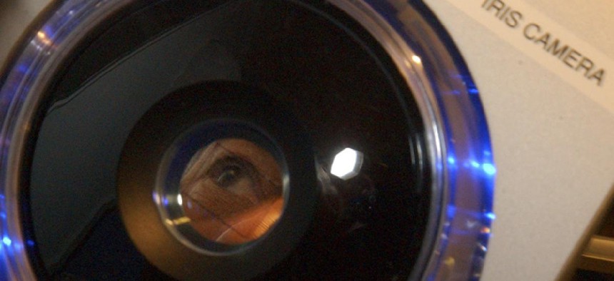 A passenger undergoes iris scanning at Boston's Logan Airport during a test program.