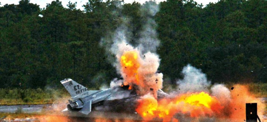 An Air Force explosion test was conducted on an F-16 Fighting Falcon in 2010. 