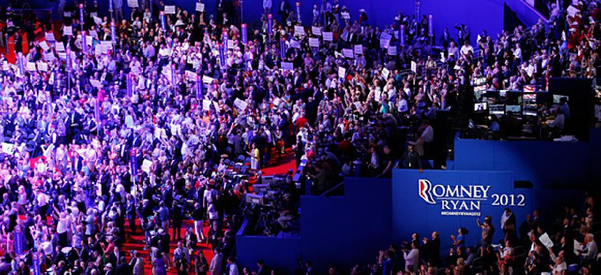 Delegates gather during the Republican National Convention in Tampa, Fla.
