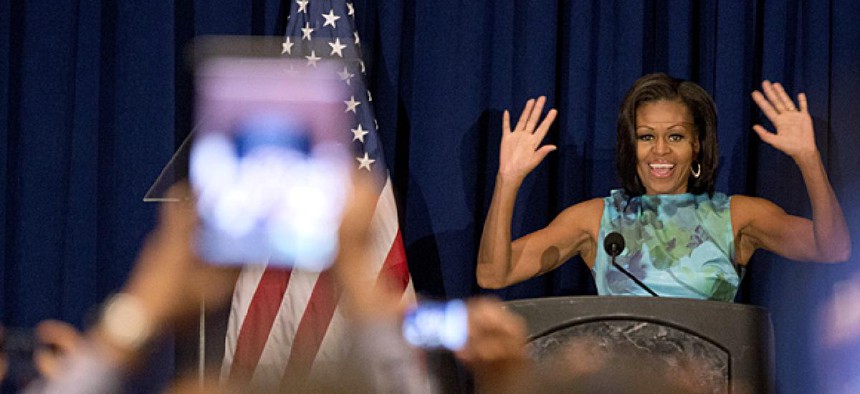 First lady Michelle Obama speaks at the Hispanic caucus at the Democratic National Convention in Charlotte, NC.