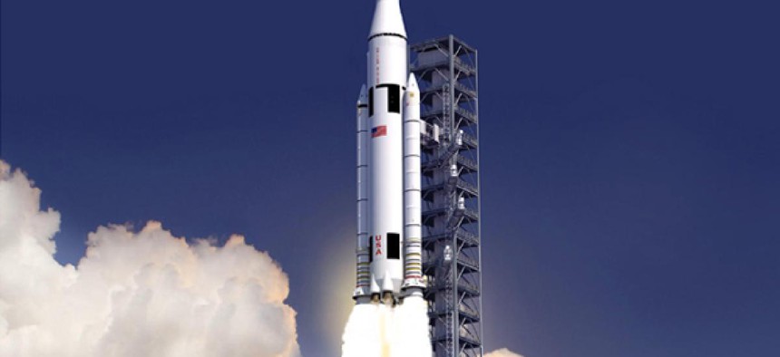 An artist's rendering of what the Space Launch System will look like.
