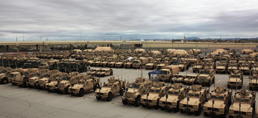 More than 360 vehicles sit at the Integration Motor Pool (IMP), located at Fort Bliss, Texas.