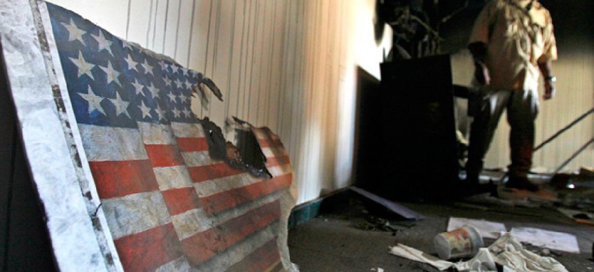 Inside the vandalized U.S. Embassy in Tripoli.