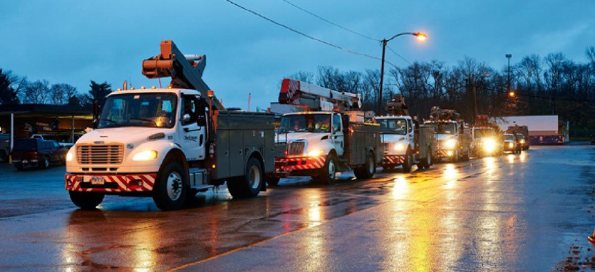 Line crews and support personnel leave from Ohio and head to New Jersey in advance of Hurricane Sandy.