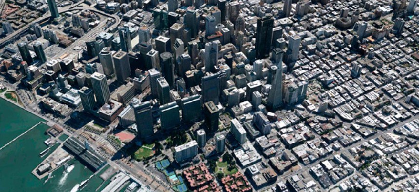 A three-dimensional view of San Francisco on Google's digital mapping service.
