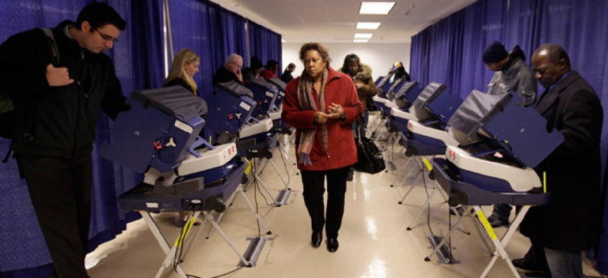 People vote early at a polling place in downtown Chicago.