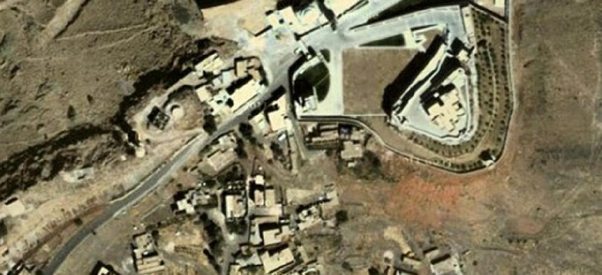 An aerial image of a Nov. 7 drone strike at Beyt al-Ahmar, Yemen