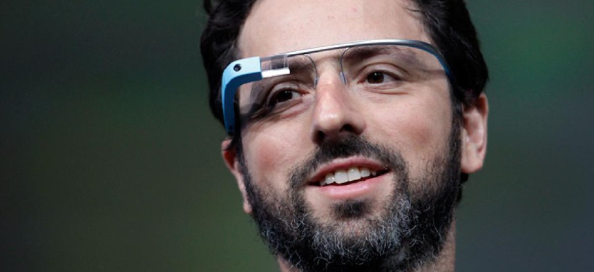 Google co-founder Sergey Brin demonstrates Google's new Glass, wearable internet glasses.
