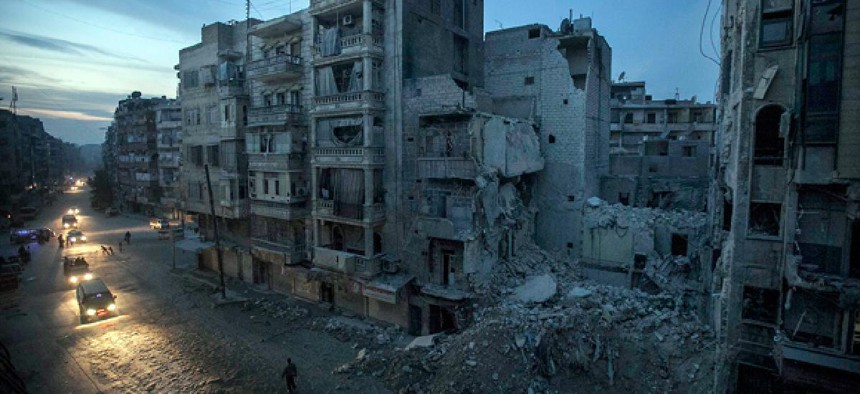Destroyed buildings in a rebel-controlled area of Aleppo, Syria.