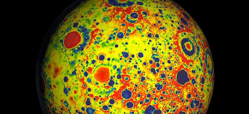 A gravitational map of the moon, depicting newly quantified lunar mass: Red indicates more massive areas and blue indicates less mass. 