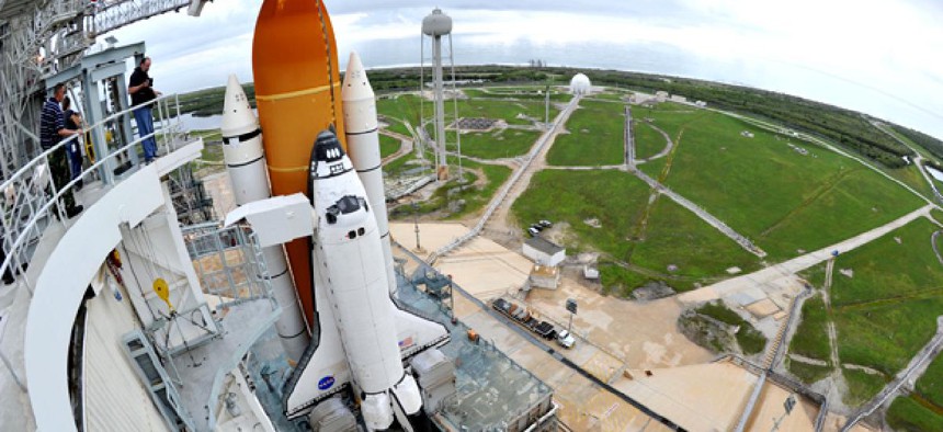 Space Shuttle Atlantis is seen on the pad at the Kennedy Space Center at Cape Canaveral, Fla. , Thursday July 7, 2011.