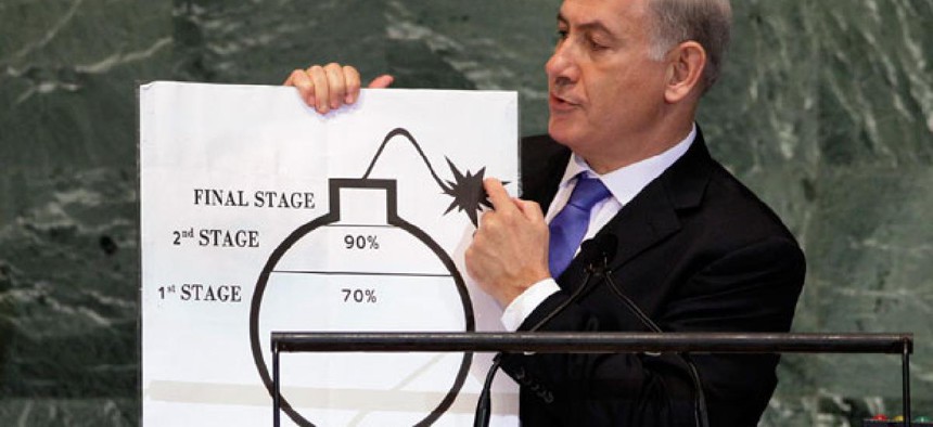 Israeli Prime Minister Benjamin Netanyahu used a cartoon bomb diagram during a speech last year to illustrate Iran's progress.
