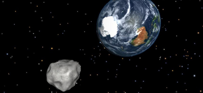 A simulation of asteroid 2012 DA14 approaching from the south as it passes through the Earth-moon system on Feb. 15, 2013. 