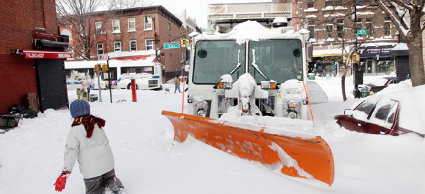A snow plow in Brooklyn, NY.