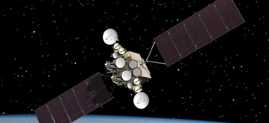 An artist rendering of the AEHF-1 satellite in orbit above the earth. 