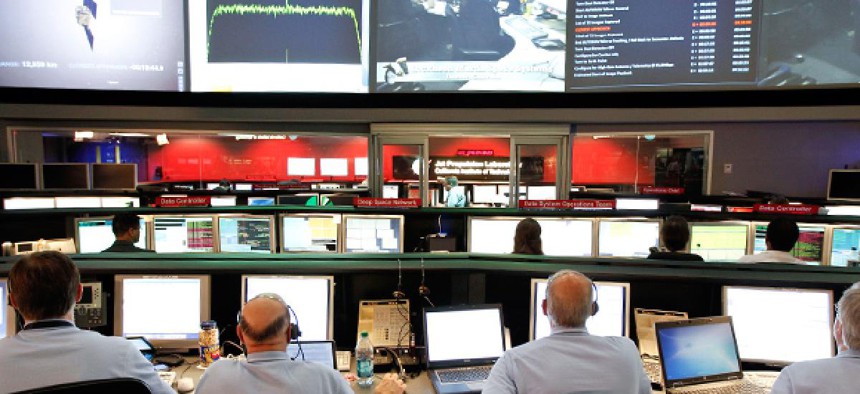 The mission control room at NASA's Jet Propulsion Laboratory in Pasadena, Calif.