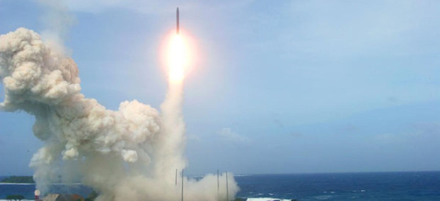 A U.S. ballistic missile interceptor takes off in a Jan. 26 flight test from California. 