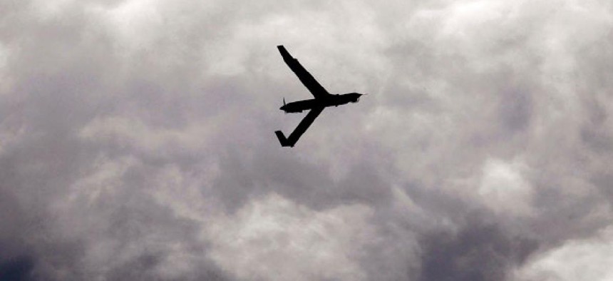 A small unmanned aerial vehicle flies over Arlington, Ore.